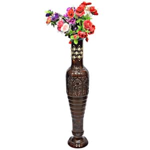 37 in. Antique Decorative Hand Curved Brown Mango Wood Floor Flower Vase with Unique Textured Pattern