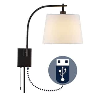 Gosling 22.5 in. 1-Light Oil Rubbed Bronze Plug-In/Hardwired Iron Gooseneck Swing Arm Wall Sconce Pull-Chain & USB Port