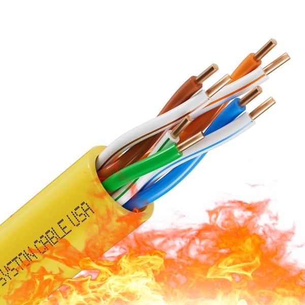 50 ft. Yellow CMP Cat 5e 350 MHz 24 AWG Solid Bare Copper Ethernet Network Wire Data Cable - Bulk No Ends Heat Resistant