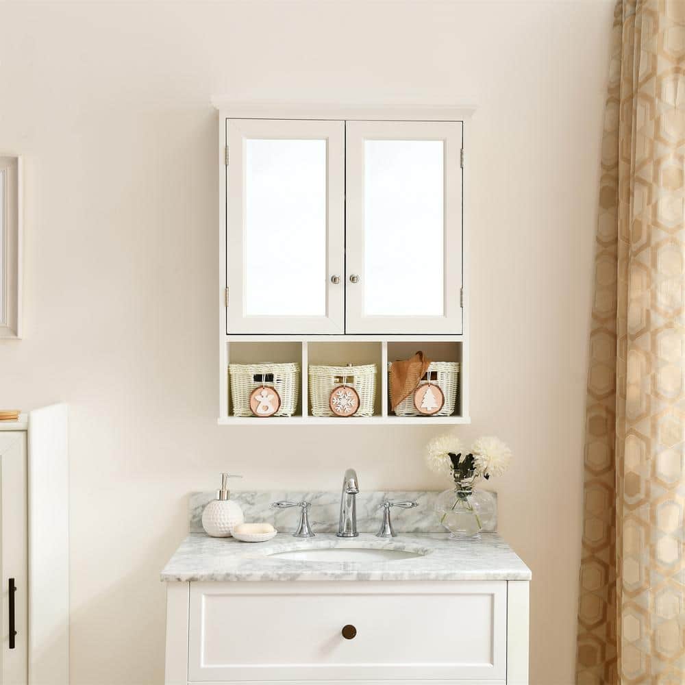 FUNKOL 24.75 in W x 7.5 in D x 30.25 in H Bathroom Storage Wall in White with Mirror 2