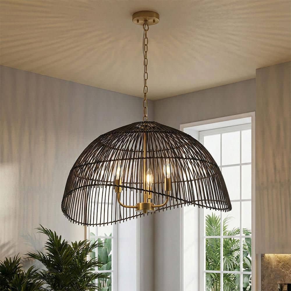 aiwen 27.56 in. 3-Light Black Boho Rattan Chandelier Modern Rustic