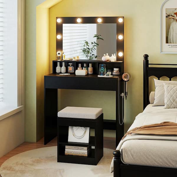 Black Vanity Desk Set w/ Mirror & Lights 31.5 in. Small Makeup Table for Bedroom