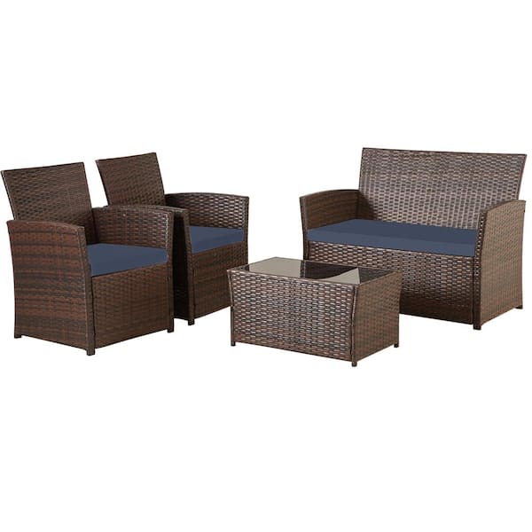 Unbranded 4-Piece Wicker Outdoor Patio Conversation Sofa Set with Blue Cushions and Coffee Table