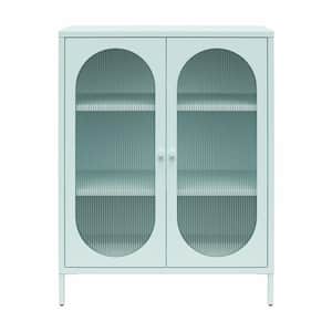 Luna Sky Blue Short 2-Door Metal Storage Cabinet with Fluted Glass
