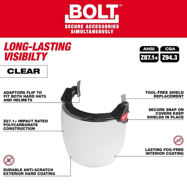 Bolt White Type 1 Class C Front Brim Vented Hard Hat with 4 Point Ratcheting Suspension Dual Coat Lens Full Face Shield