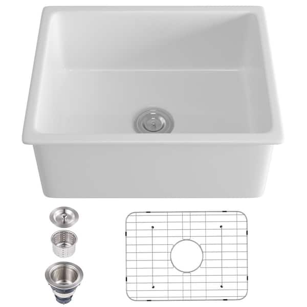 VANITYFUS Ceramic 23.62 in. L x 18.5 in. W Single Bowl Drop-In Kitchen Sink with Grid and Strainer