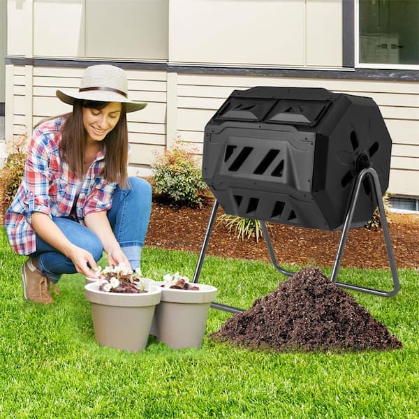 42 Gal. Compost Bin Dual Chamber Composting Tumbler with 2 Sliding Doors Metal Frame Black