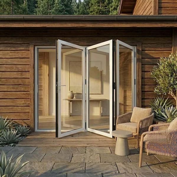 96 in. x 96 in. White Left to Right/Outswing Aluminum Folding Patio Door with Double Tempered Low-E Glass and Lock Set