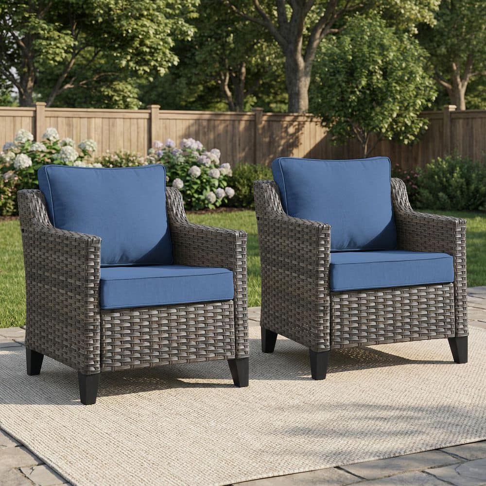 Haven Gray Wicker Outdoor Lounge Chairs with 4-Inch Thick Navy Blue Water Resistant Cushions (2-Pack) price history on PriceWatchPro