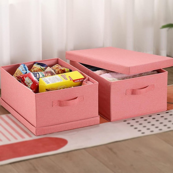 Pink 16.5 in. x 7.5 in. Linen Decorative Basket (Set of 2) with Handles and Lid