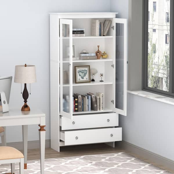 FUFU&GAGA 68.9 in. H White Wood Doors Accent Cabinet with 4-Tier Shelves and 2-Drawers Storage Cabinet Bookshelf Cupboard