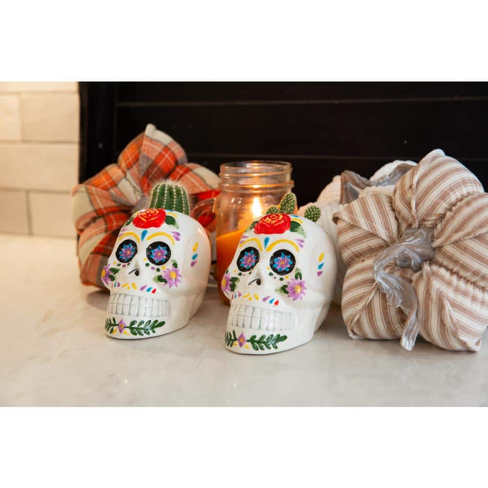 Set of 2 Multicolor Ceramic Skull Planters