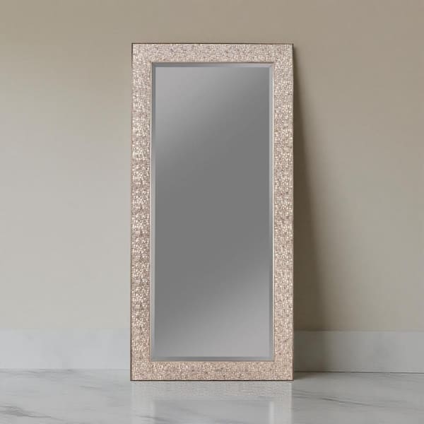 Silver 32 in. W x 66 in. H Rectangular Wood Full Length Beveled Accent Floor Mirror with Glitter Mosaic Pattern