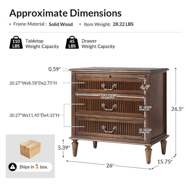 JAYDEN CREATION Weer Walnut Farmhouse Solid Wood 3-Drawer 26 in. W