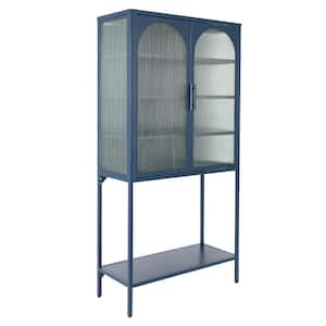 Anky 31.5 in. W x 13.8 in. D x 63 in. H Blue Freestanding Bathroom Linen Cabinet with Glass Arched Doors