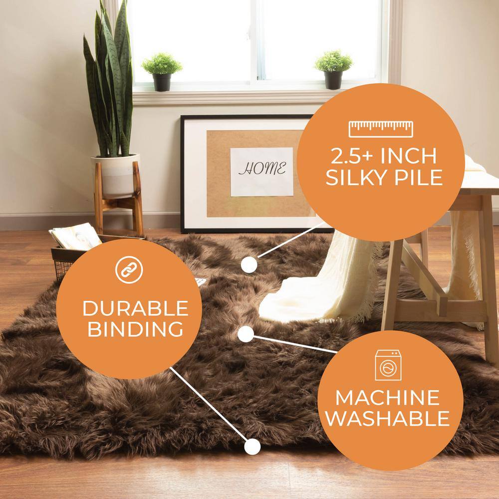 Luxurious Handmade Faux Sheepskin Fur Shag Rug 6' x 9' Dark Brown