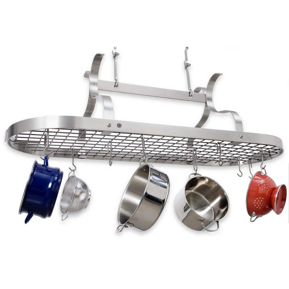 Hammered Steel Oval Ceiling Pot Rack with Hooks
