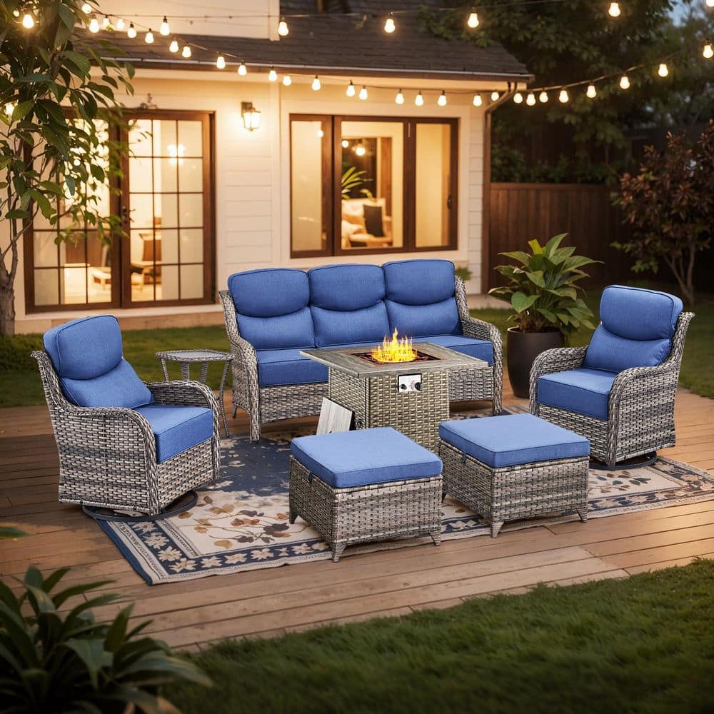 Holion 7-Piece Outdoor Conversation Set with Fire Pit Table, Wicker Swivel Rocker Chairs Patio Couch with Blue Cushions price history on PriceWatchPro