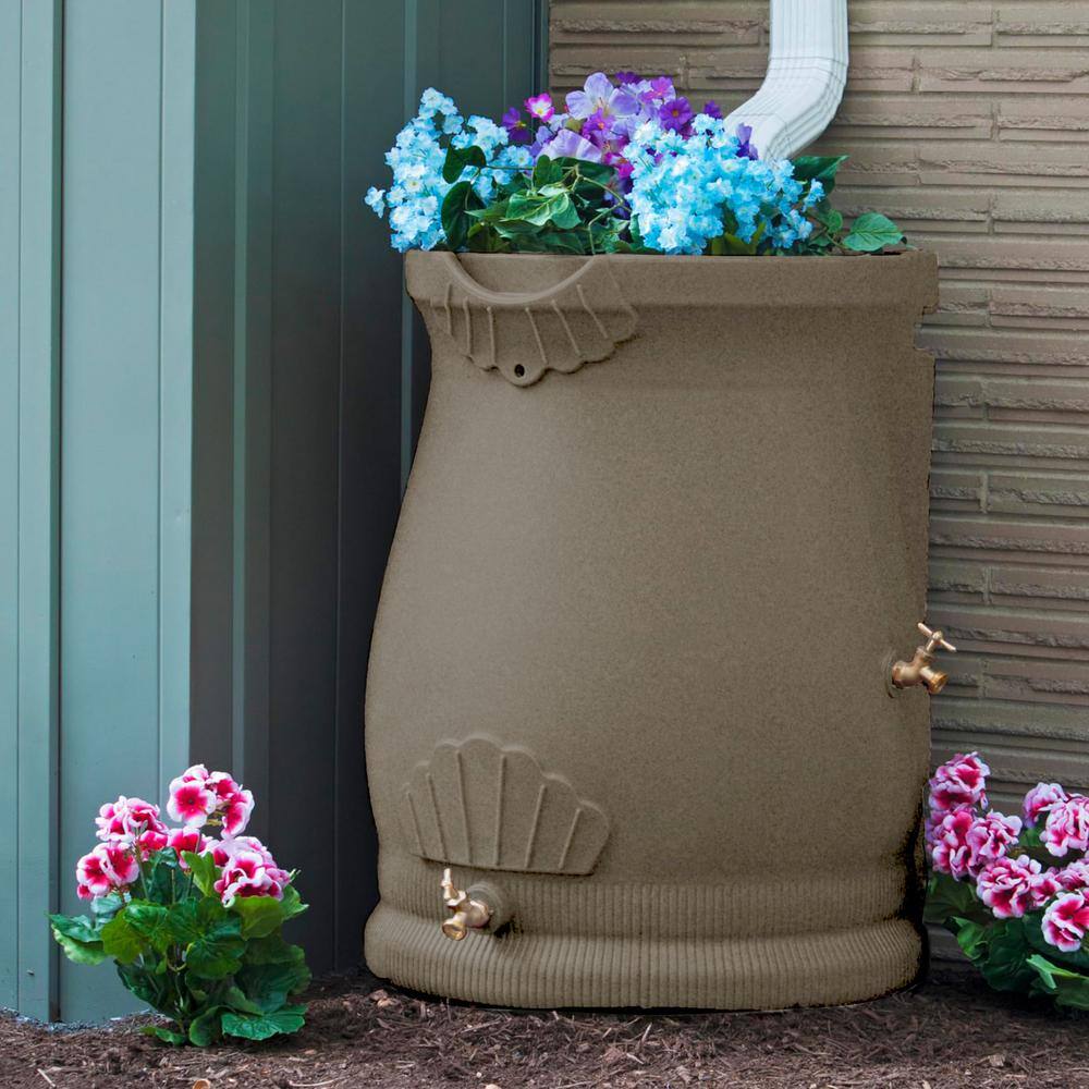 Sandstone Polyethylene 50 Gallon Urn Rain Barrel with Planter