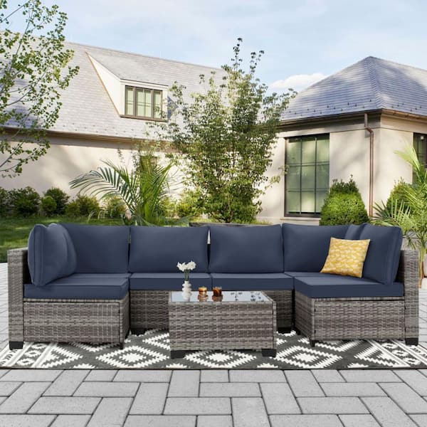 MIRAFIT Gray 7-Piece Wicker Patio Outdoor Sectional Furniture Set with Blue Cushions