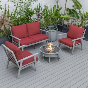 Walbrooke Grey 5-Piece Aluminum Round Patio Fire Pit Set with Red Cushions and Tank Holder