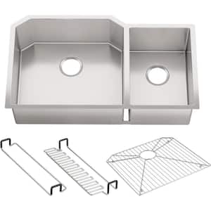 Strive Undermount Stainless Steel 36 in. Double Bowl Kitchen Sink Kit with Bowl Rack
