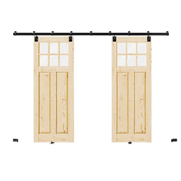 64 in. x 80 in. 6 Lite, Clear Glass, Solid Pine Wood, Light Brown Primed Exterior Sliding Barn Door with Hardware Kit