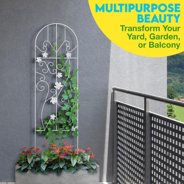 46 in. Decorative Leafy Vine and Butterfly Design Metal Garden Trellis for Climbing Plants in Antique White