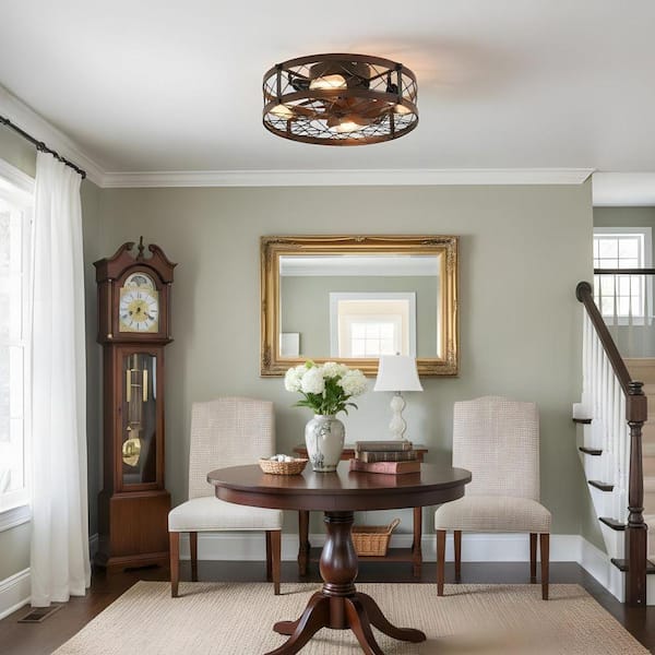 19.7 in. Indoor Black Low Profile Cage Ceiling Fan with Remote Control, Bulb Included