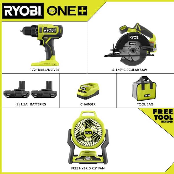 ONE+ 18V Cordless 2-Tool Combo Kit with (2) 1.5 Ah Batteries, Charger, and FREE ONE+ Hybrid WHISPER SERIES 7-1/2 in. Fan