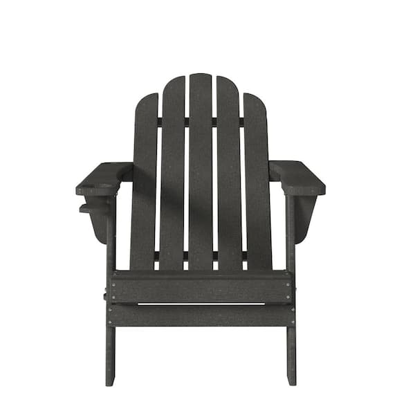 Kadehome Outdoor Dark Gray Plastic Patio Adirondack Chair with Cup Holder and Umbrella Holder (Set of 1)