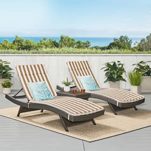 Miller Multi-Brown 3-Piece Faux Rattan Outdoor Chaise Lounge and Table Set with Brown/ White Stripe Cushions