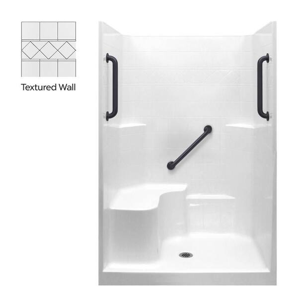 Liberty 37 in. x 48 in. x 80 in. Alcove 1-Piece Shower Wall and Shower Pan in White with 3 Black Grab Bars, Left Seat
