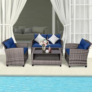 4-Piece Metal Rattan Patio Conversation Set with Coffee Table and Navy Cushioned, Tempered Glass Table