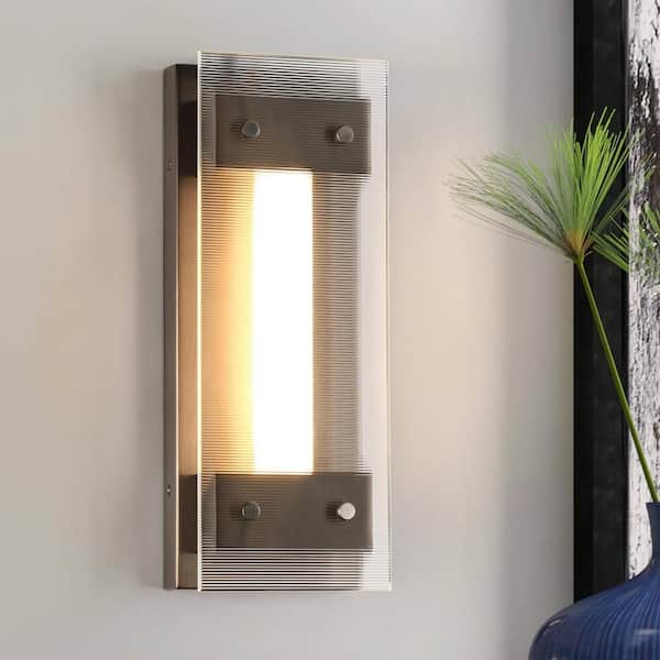 LNC Pontevedra 4.7 in. 1-Light Brushed Gunmetal Gray Modern Industrial Rectangle LED Wall Sconce with Clear Striped Glass