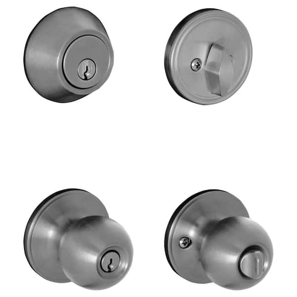 Morrow Satin Stainless Steel Single Cylinder Deadbolt and Keyed Entry Door Knob Project Pack