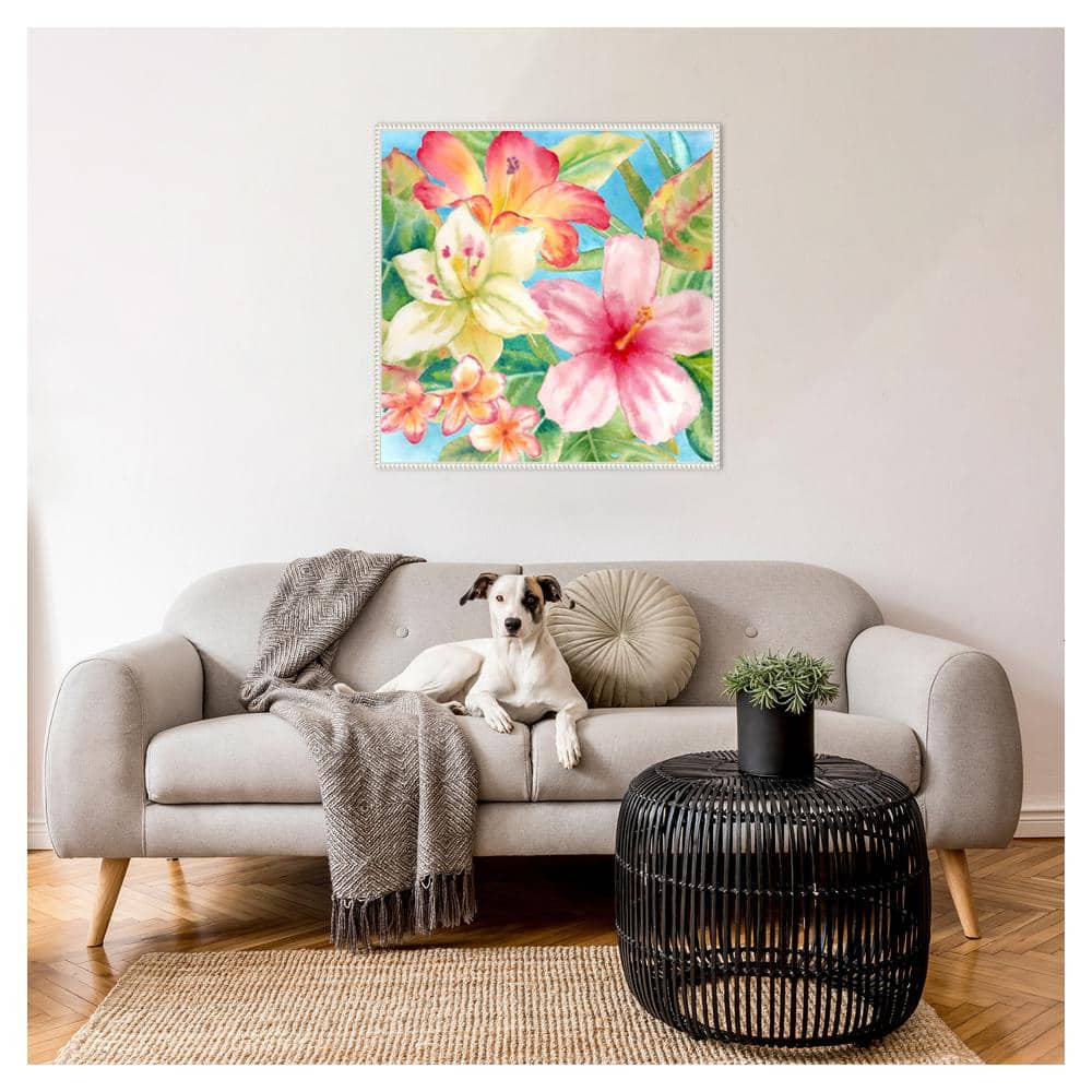 Tropical Island Florals Giclee Print on Canvas with White Frame