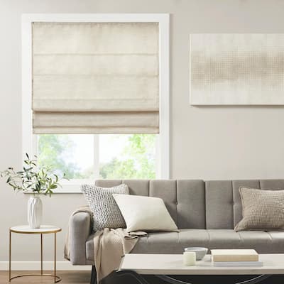 Leighton Ivory Cordless Printed Faux Silk 27 in. W x 64 in. L Room Darkening Roman Shade