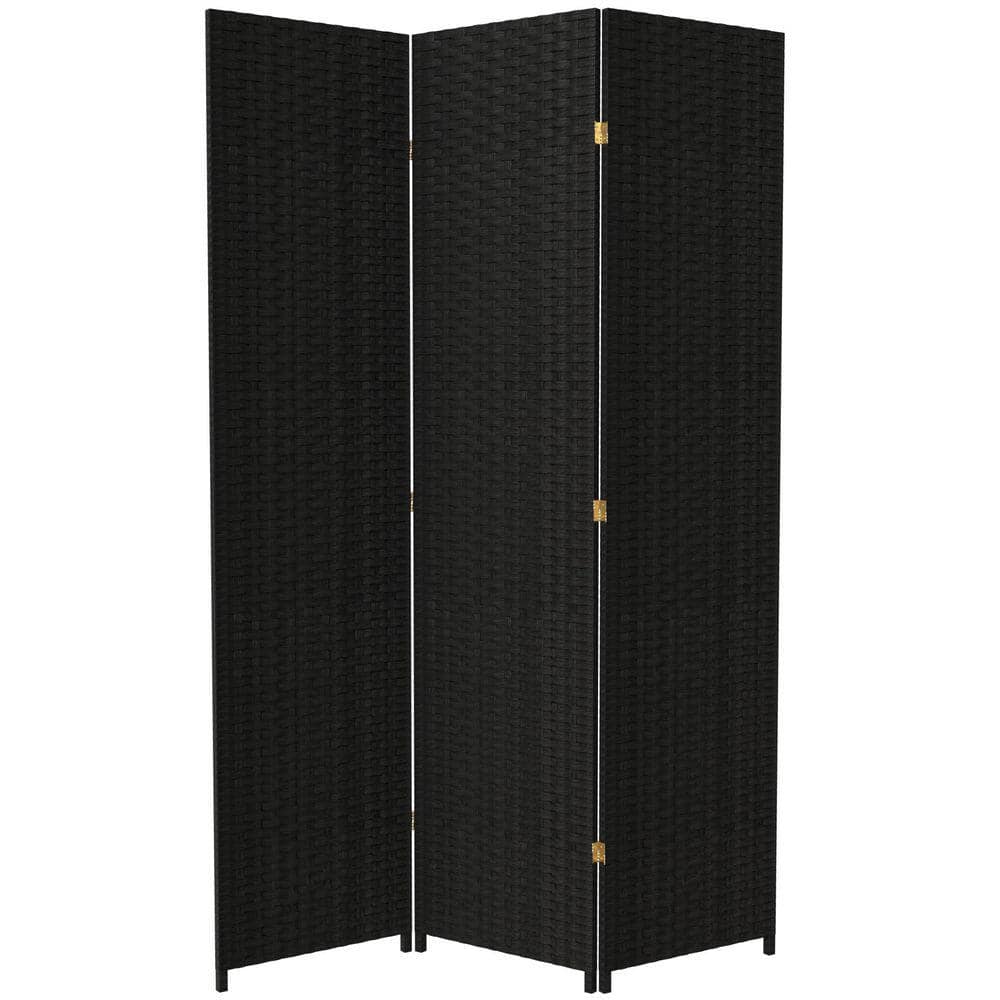 Black 3-panel woven room divider standing upright.