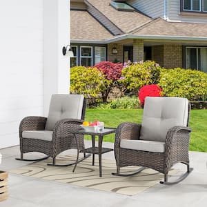 3-Piece Brown Wicker Patio Conversation Set with Beige Cushions and Coffee Table Flat Handrail Rocking Chairs