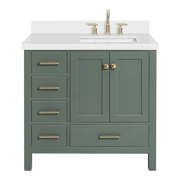 Cambridge 36 in. Single Sink Freestanding Bathroom Vanity in Vintage Sage Green with Pure White Quartz Top
