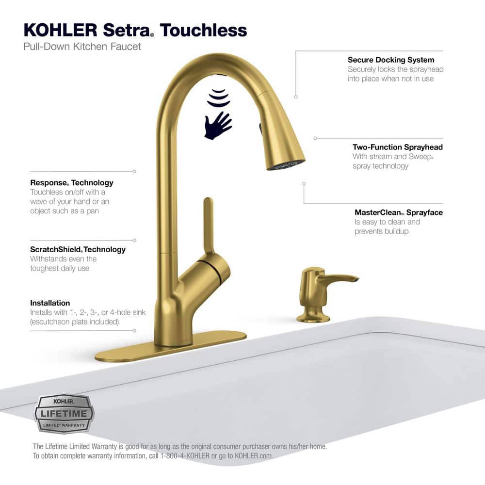 Vibrant Brushed Moderne Brass Pull-Down Kitchen Faucet with Soap Dispenser