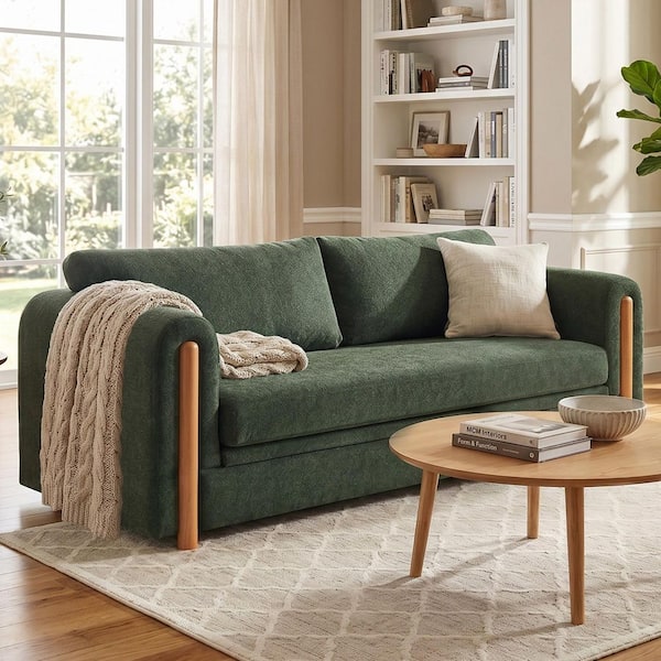 Yovo Modern 79.1 in. Round Arms Chenille Upholstered Rectangle 3-Seater Sofa in Green with Solid Wood Legs