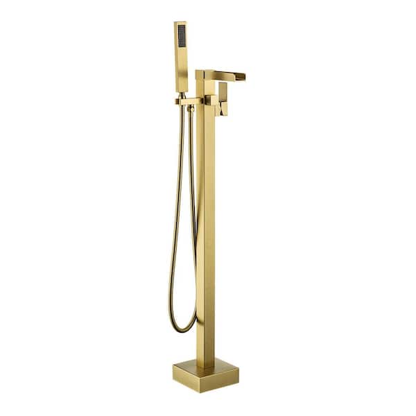 RAINLEX Waterfall Spout Single-Handle Floor Mount Freestanding Tub Faucet with Handheld Shower in Brushed Gold