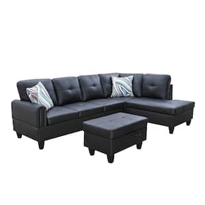 Starhome Living 25 in. W Round Arm 3-Piece Fabric 4-Seats L Shaped Sectional Sofa in Black