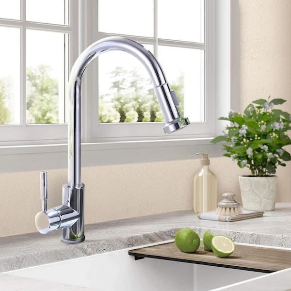 Satico Single Handle Gooseneck Pull Out Sprayer Kitchen Faucet in Chrome