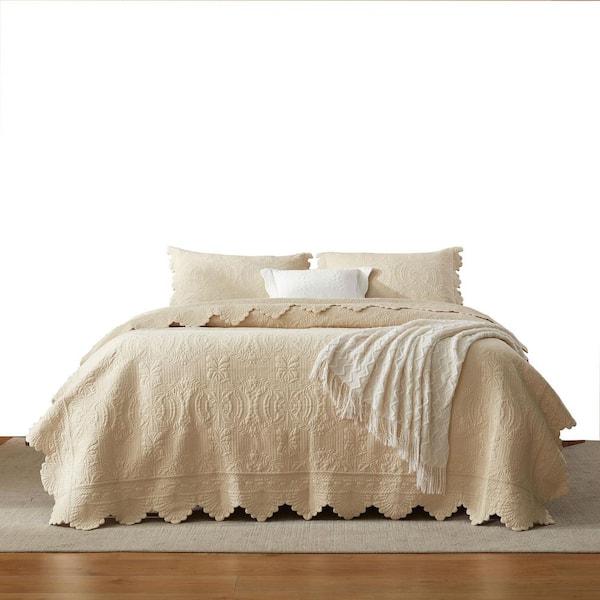 TL140 Beige Embroidered Oversize Queen Cotton Quilt Bedspread Set