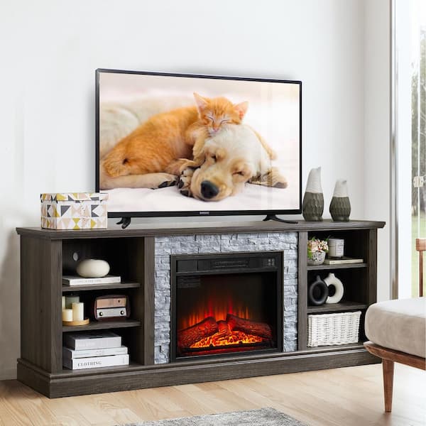 70 in. W Freestanding Wooden with Faux Stacked Stone Surround Large Electric Fireplace TV Stand in Grey