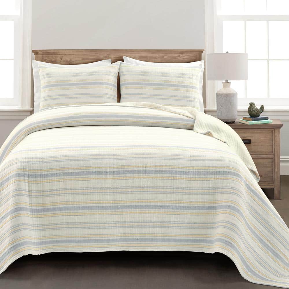 King Size Gray and Yellow Cotton Reversible Quilt Set
