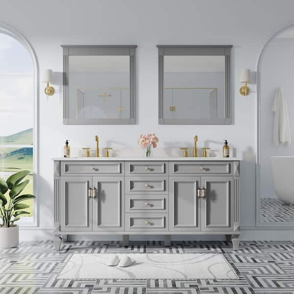 72 in. W x 22 in. D x 35 in. H Double Sink Bath Vanity in Gray w/Stain-Resistant Quartz Top, Soft-Close Drawer, 2-Mirror